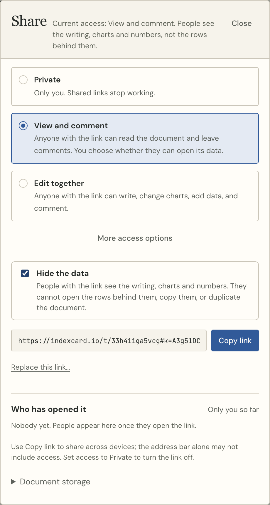 The Share dialog with View and comment chosen and Hide the data ticked